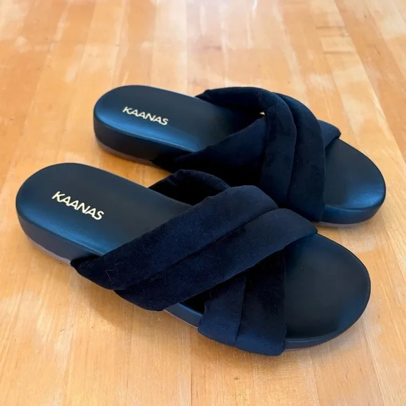 Kaanas Sintra NEW Black Fuzzy Slide Wedge Sandals Plush NEW luxe high quality - Picture 6 of 15